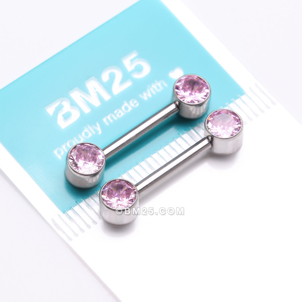 Detail View 3 of A Pair of Implant Grade Titanium Bezel Set Sparkle Internally Threaded Nipple Barbell-Pink