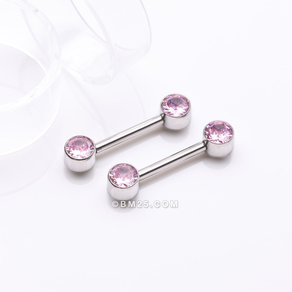 Detail View 1 of A Pair of Implant Grade Titanium Bezel Set Sparkle Internally Threaded Nipple Barbell-Pink