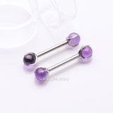 Detail View 1 of A Pair of Implant Grade Titanium Amethyst Stone Ball Claw Prong Internally Threaded Nipple Barbell