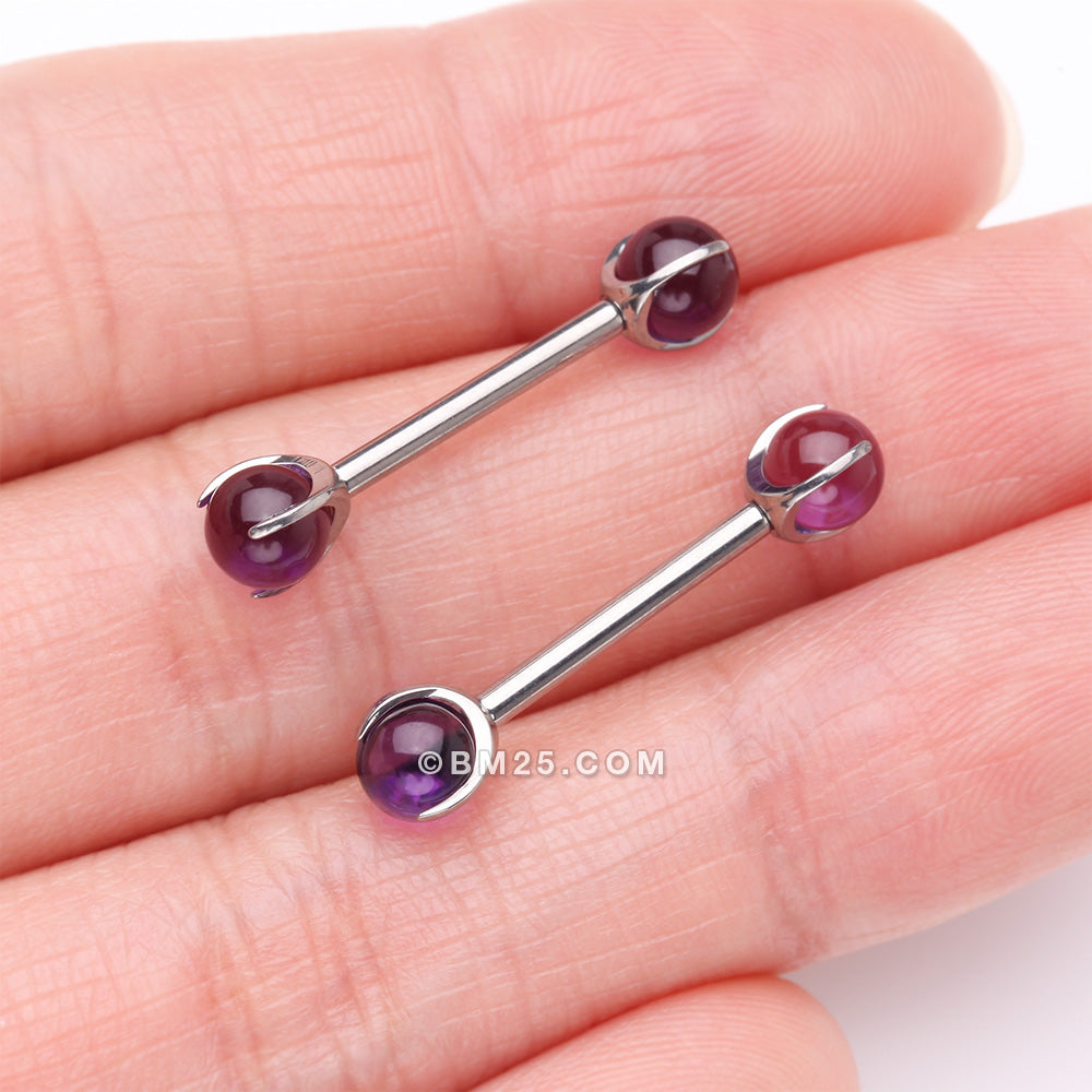 Detail View 2 of A Pair of Implant Grade Titanium Amethyst Stone Ball Claw Prong Internally Threaded Nipple Barbell
