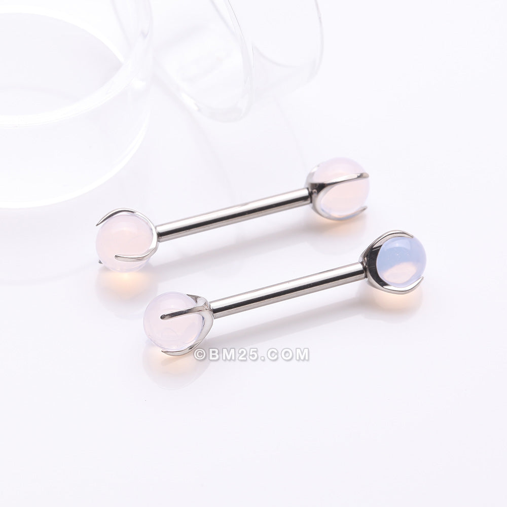 Detail View 1 of A Pair of Implant Grade Titanium Pink Opalite Stone Ball Claw Prong Internally Threaded Nipple Barbell