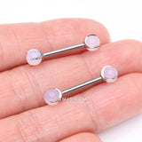 Detail View 2 of A Pair of Implant Grade Titanium Pink Opalite Stone Ball Claw Prong Internally Threaded Nipple Barbell