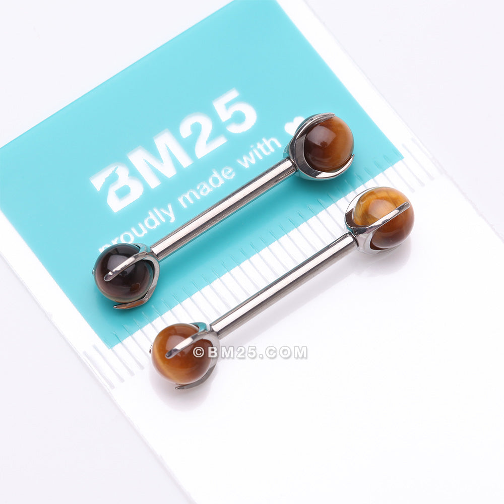 Detail View 4 of A Pair of Implant Grade Titanium Tiger Eye Stone Ball Claw Prong Internally Threaded Nipple Barbell