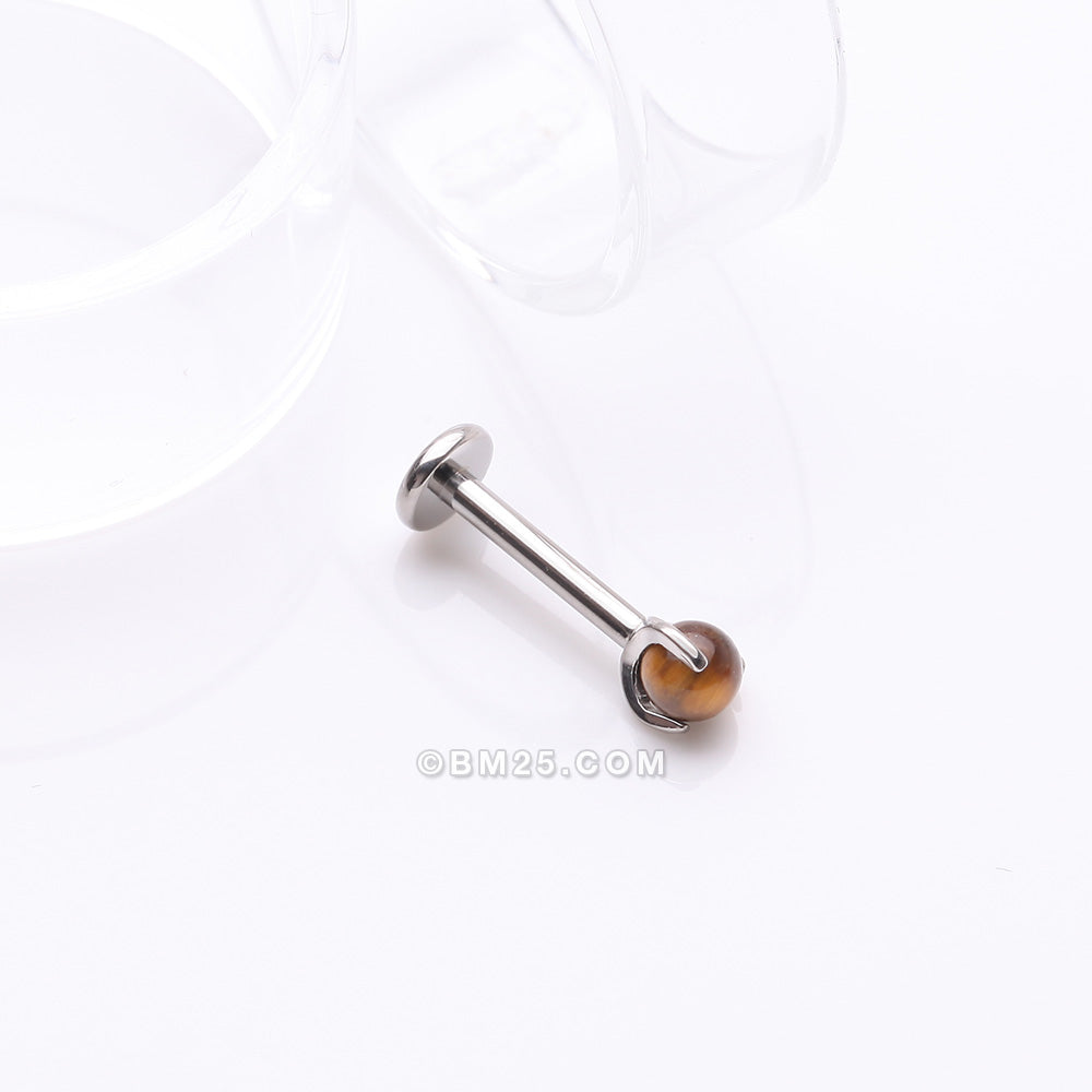 Detail View 1 of Implant Grade Titanium Tiger Eye Stone Ball Claw Prong Internally Threaded Flat Back Labret