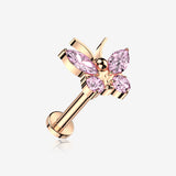 Implant Grade Titanium Rose Gold Butterfly Sparkle Internally Threaded Flat Back Stud Labret-Pink