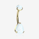 Implant Grade Titanium Golden Internally Threaded Teardrop Opal Prong Belly Button Ring-White Opal