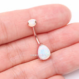 Detail View 3 of Implant Grade Titanium Rose Gold Internally Threaded Teardrop Opal Prong Belly Button Ring-White Opal