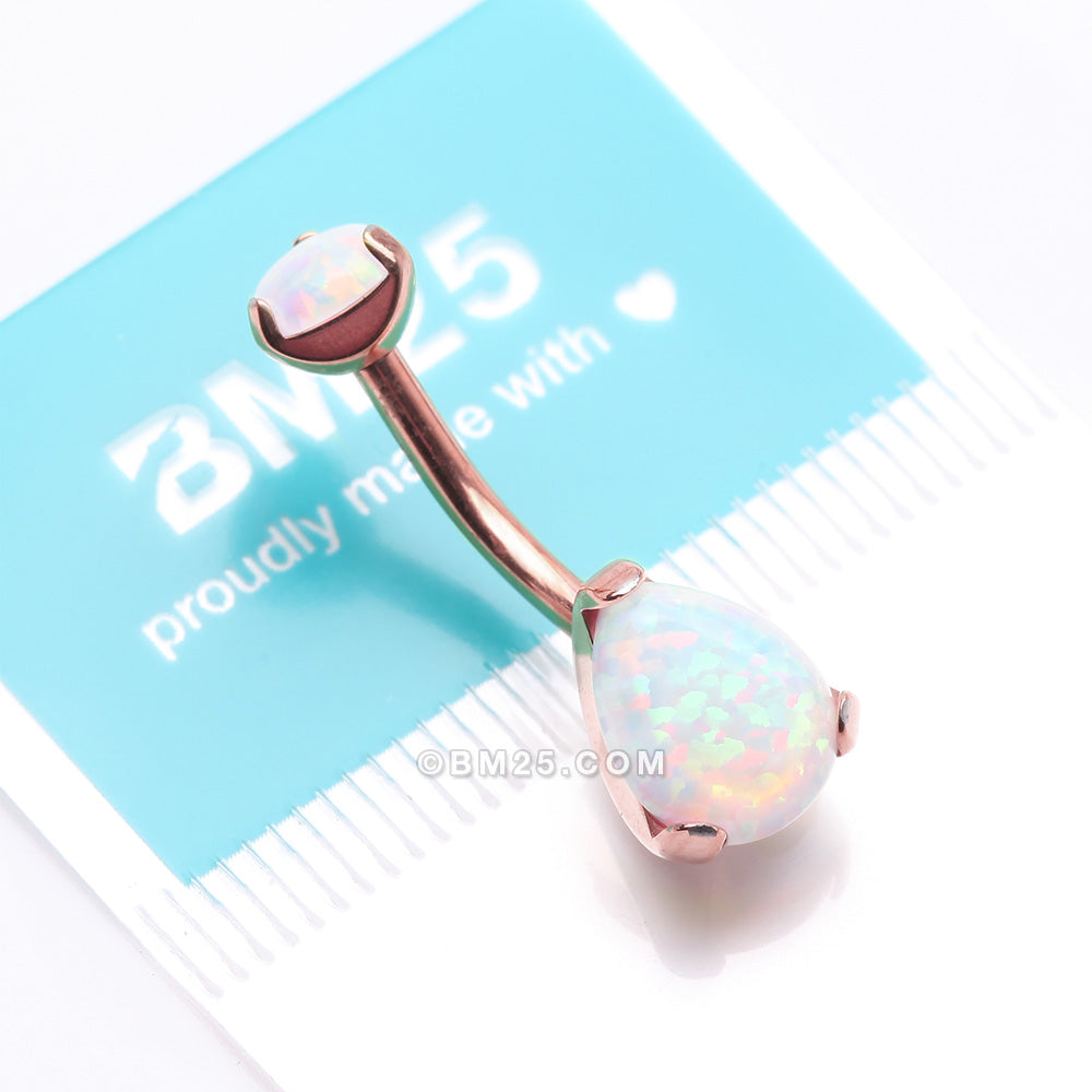 Detail View 4 of Implant Grade Titanium Rose Gold Internally Threaded Teardrop Opal Prong Belly Button Ring-White Opal