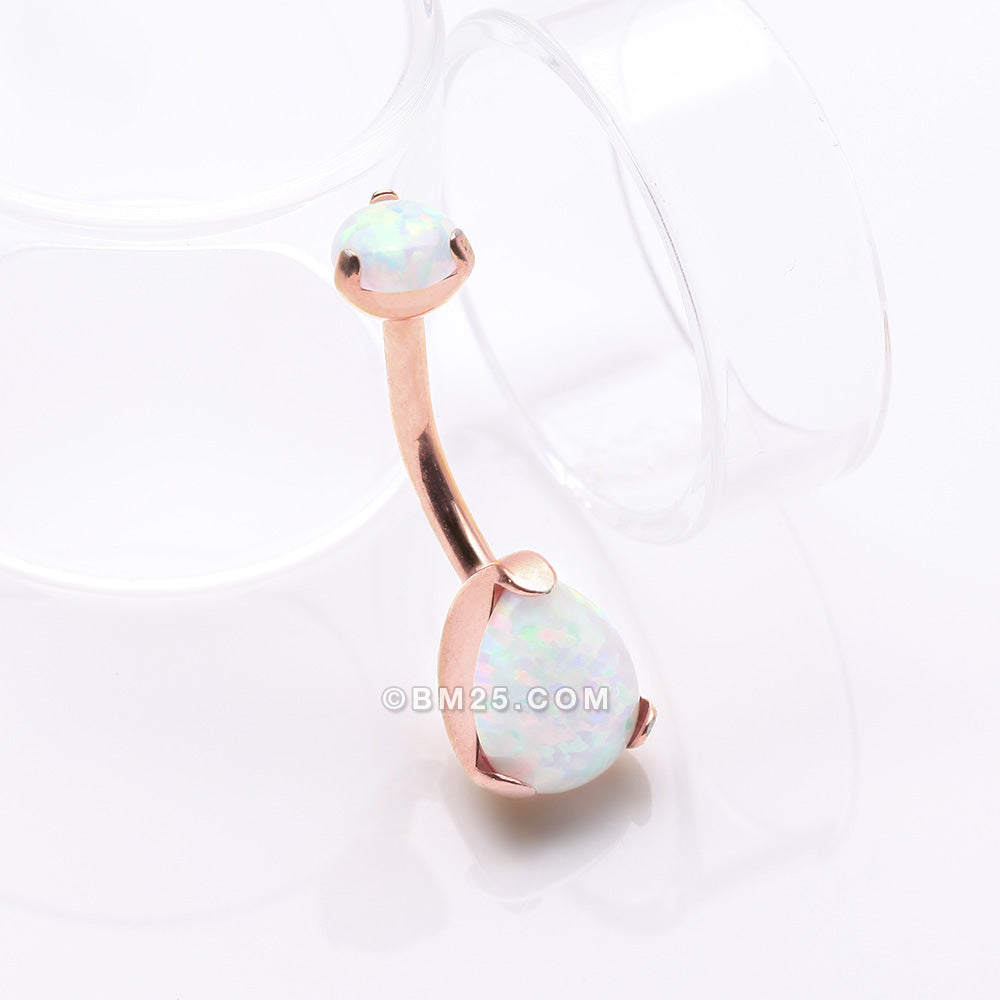 Detail View 2 of Implant Grade Titanium Rose Gold Internally Threaded Teardrop Opal Prong Belly Button Ring-White Opal