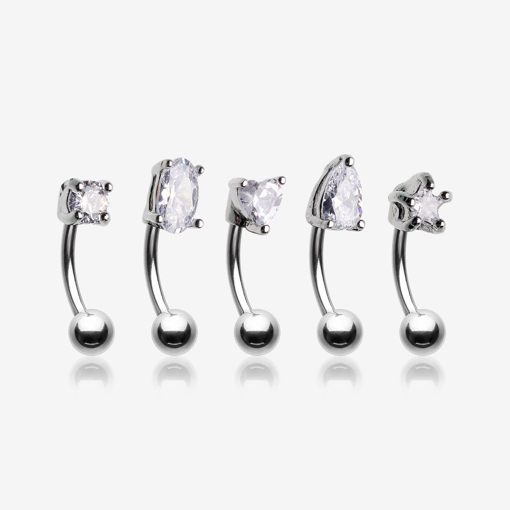 5 Pcs Pack of Assorted Gemstone Prong Set Top Steel Curved Barbells-Clear Gem