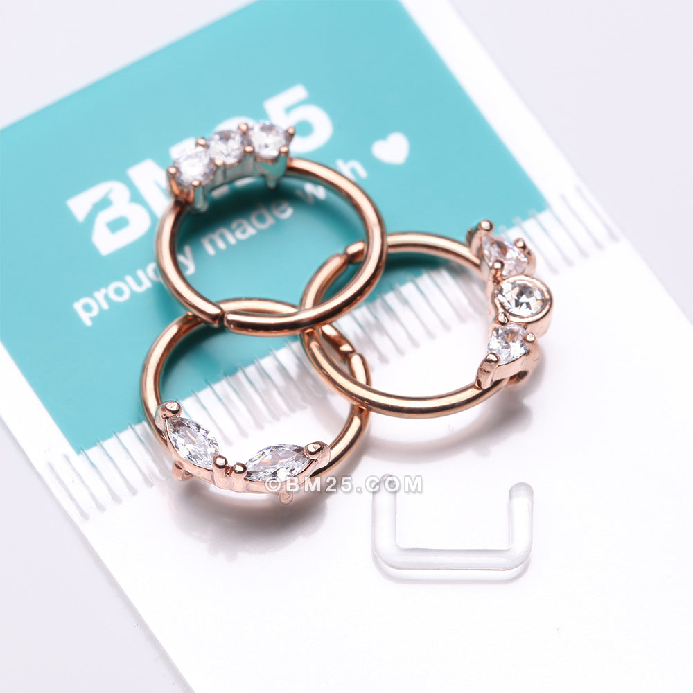 Detail View 3 of 3 Pcs of Assorted Rose Gold Dainty Gem Bendable Hoop Ring with Clear Retainer Package-Clear Gem