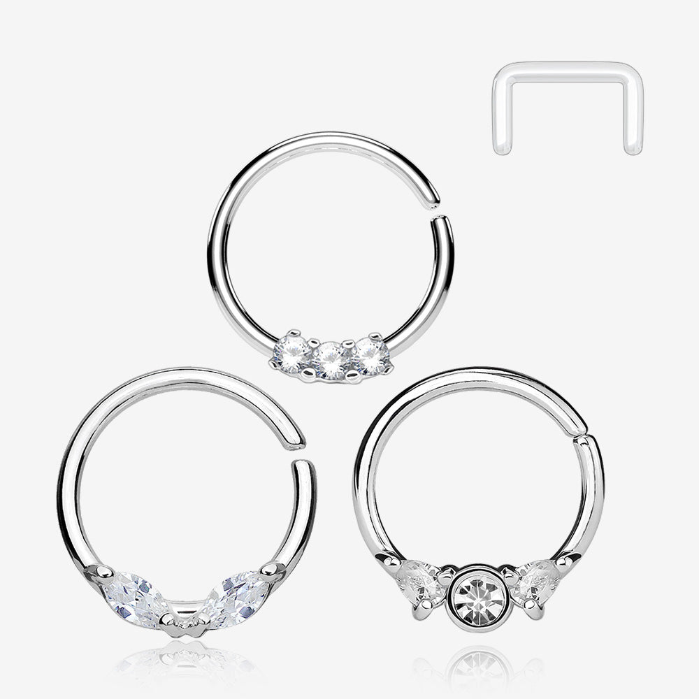 3 Pcs of Assorted Dainty Gem Bendable Hoop Ring with Clear Retainer Package-Clear Gem
