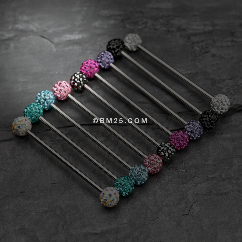 Detail View 1 of Multi-Gem Sparkle Ball Industrial Barbell-Aurora Borealis