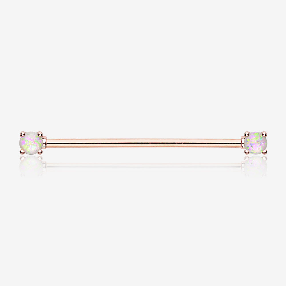 Rose Gold Opal Sparkle Prong Industrial Barbell-White