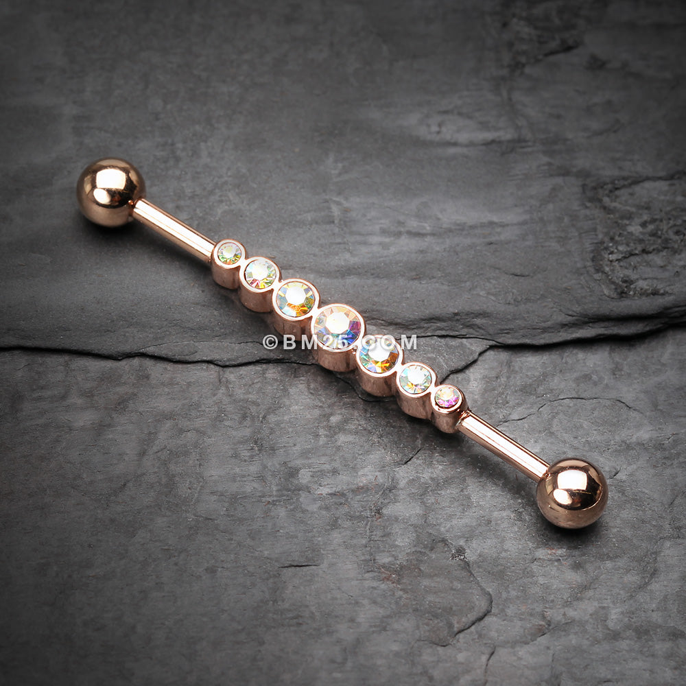 Detail View 1 of Rose Gold Dazzling Gem Row Industrial Barbell-Aurora Borealis