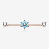 Rose Gold Turquoise Spring Flower Sparkle Prong Industrial Barbell-Clear Gem/Turquoise
