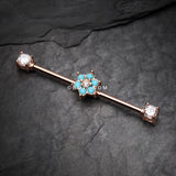 Detail View 1 of Rose Gold Turquoise Spring Flower Sparkle Prong Industrial Barbell-Clear Gem/Turquoise