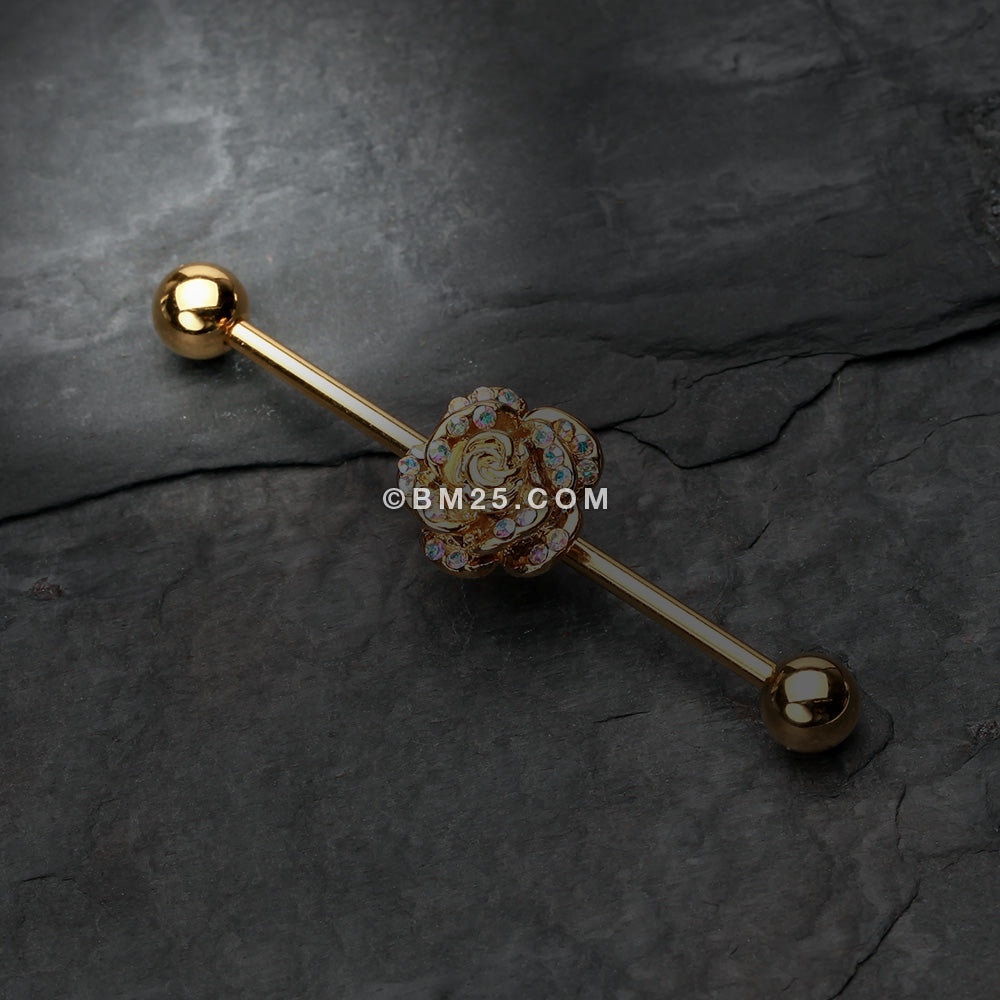 Detail View 1 of Golden Gleam Rose Blossom Industrial Barbell-Aurora Borealis