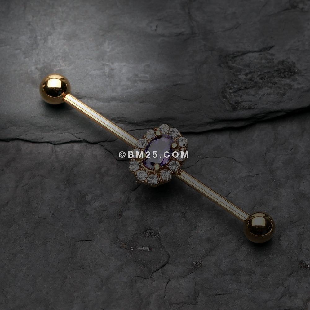 Detail View 1 of Golden Sparkle Prong Gem Industrial Barbell-Purple/Clear