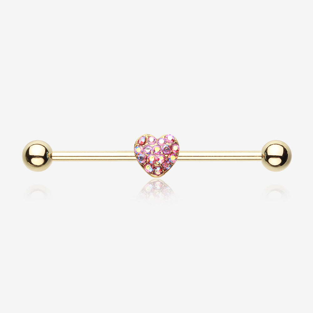 Golden Heart Multi-Gem Sparkle Industrial Barbell-Pink/Aurora Borealis