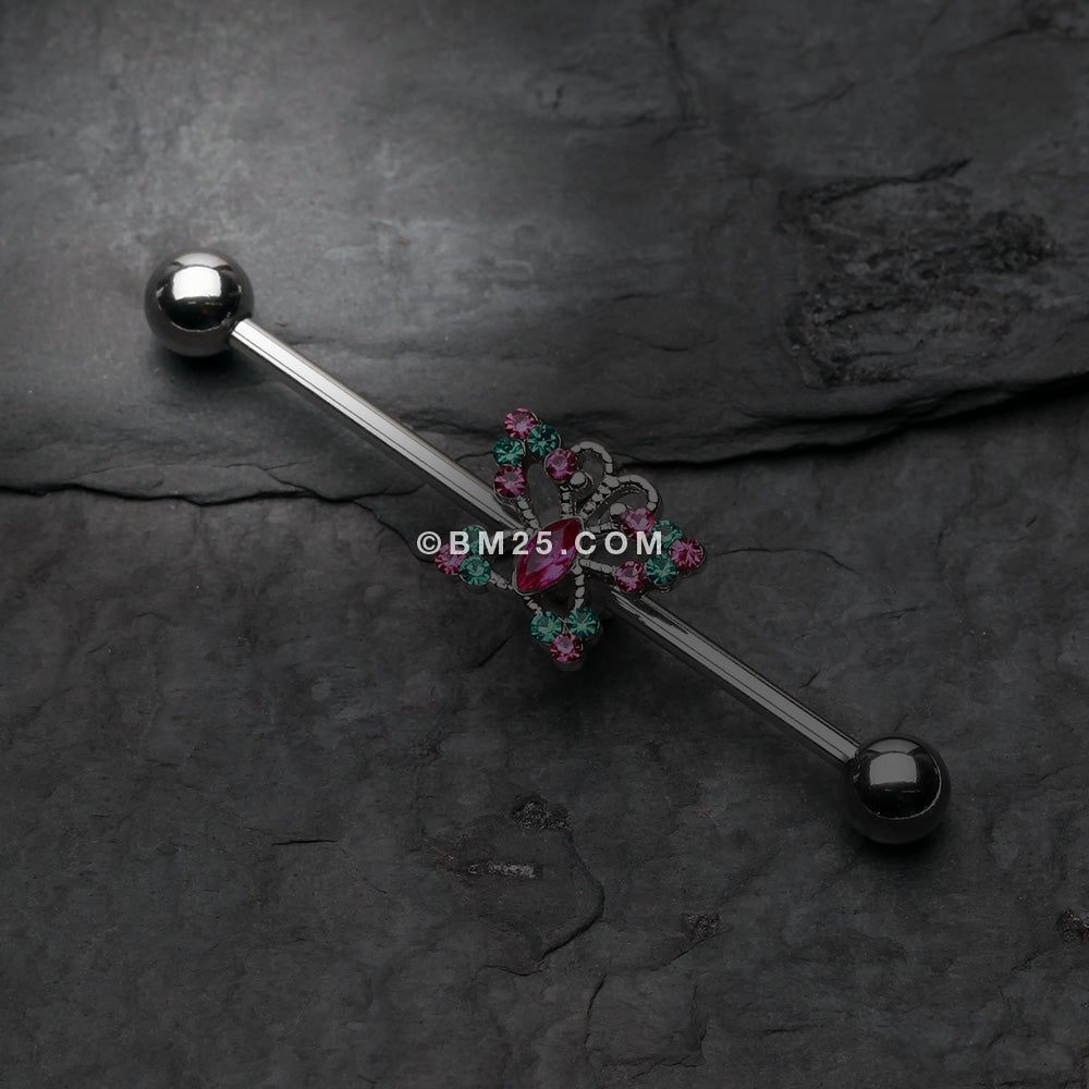 Detail View 1 of Glam Butterfly Sparkle Industrial Barbell-Teal/Fuchsia