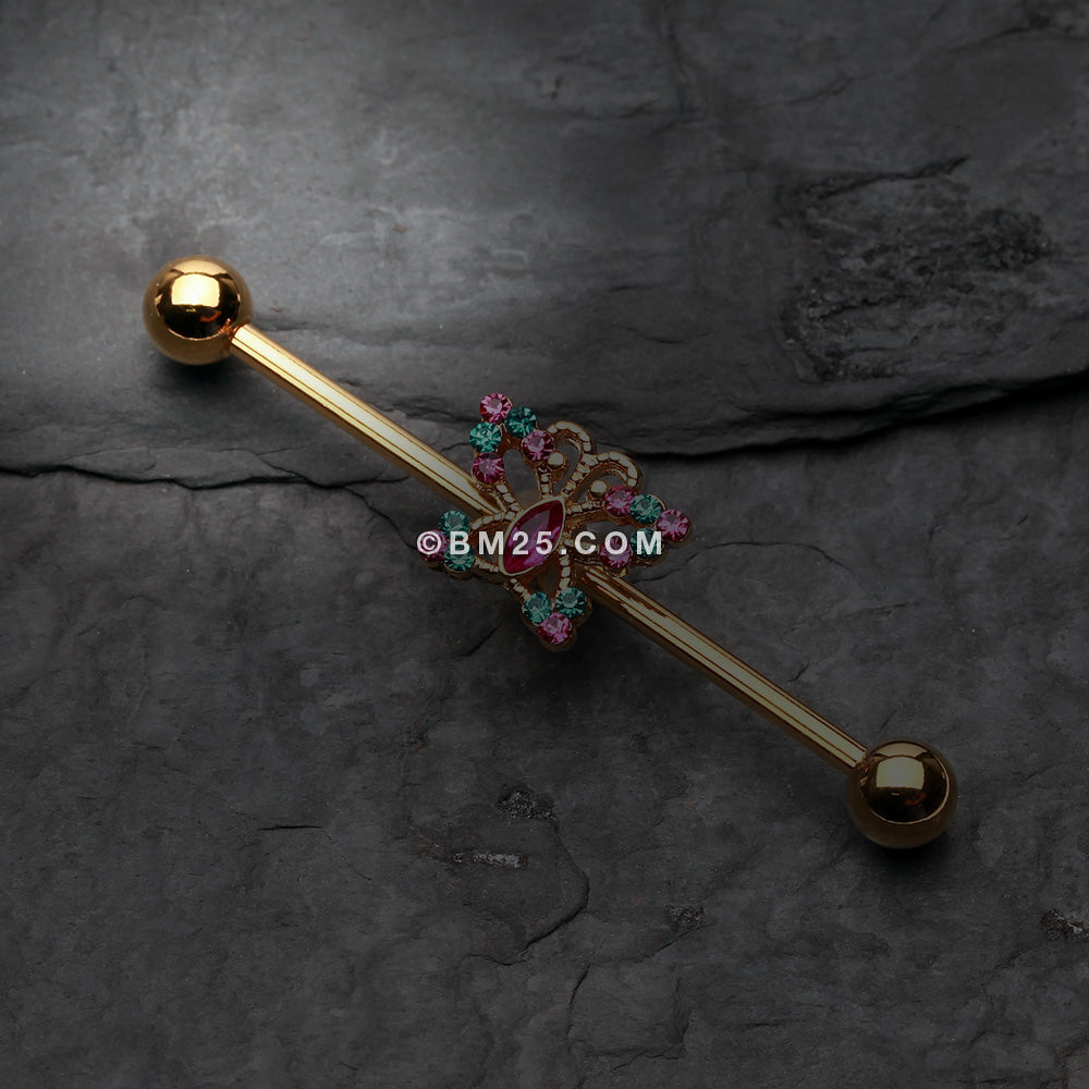 Detail View 1 of Golden Glam Butterfly Sparkle Industrial Barbell-Teal/Fuchsia