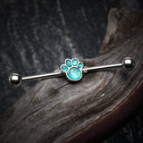 Detail View 1 of Adorable Paw Print Opalescent Sparkle Industrial Barbell-Teal