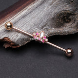 Detail View 1 of Rose Gold Tiara Crown Sparkle Industrial Barbell-Clear Gem/Fuchsia