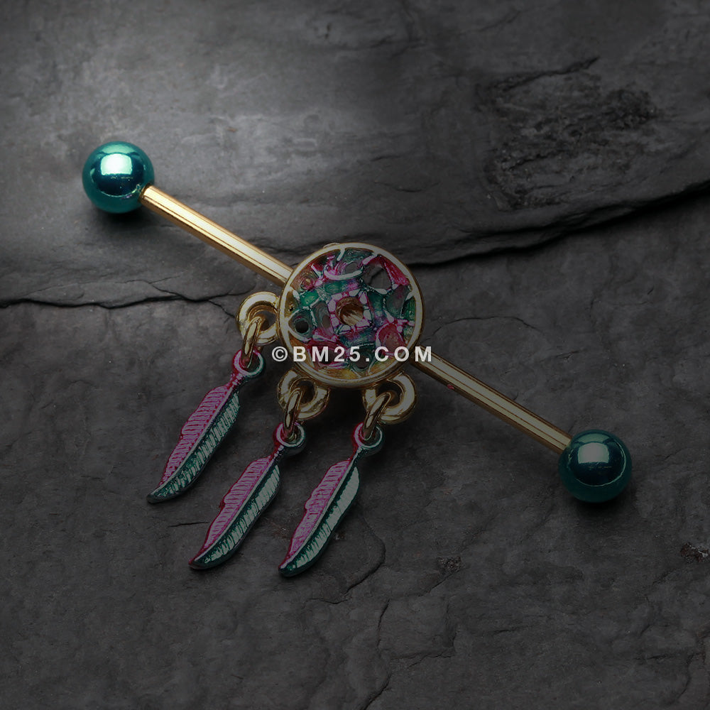 Detail View 1 of Golden Vibrant Dreamcatcher Industrial Barbell-Rainbow/Multi-Color