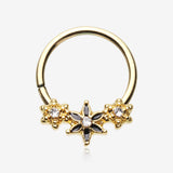 Golden Elegant Onyx Lily Flower Sparkle Bendable Twist Hoop Ring