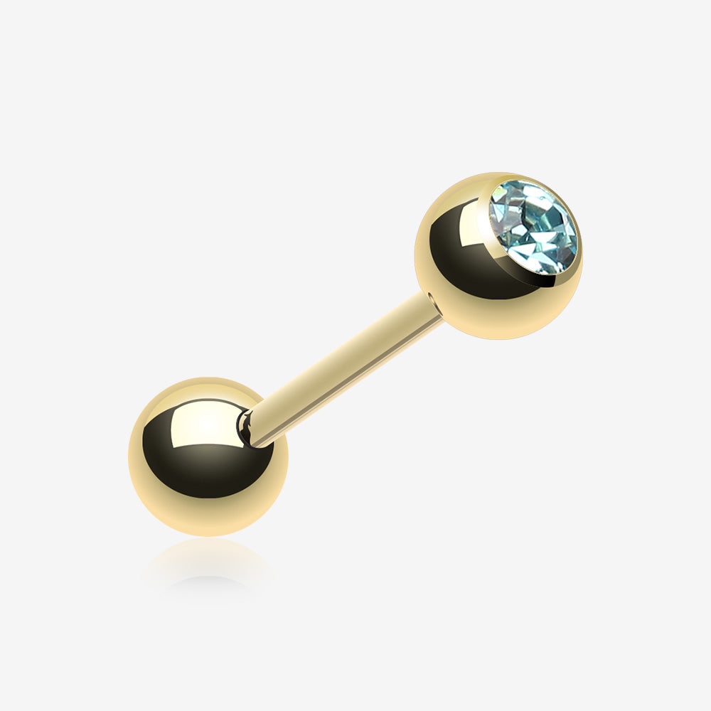 Gold Plated Basic Gem Ball Barbell Tongue Ring-Aqua