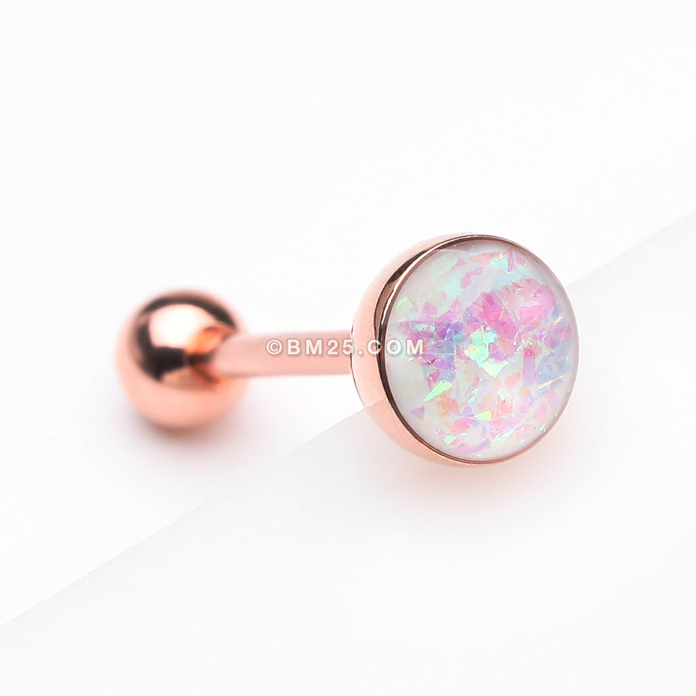 Detail View 1 of Rose Gold Opalescent Sparkle Barbell Tongue Ring-White
