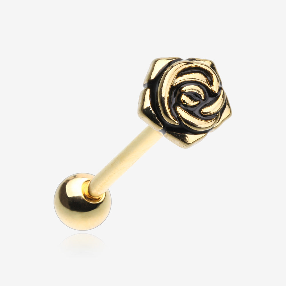 Golden Vintage Steel Rose Blossom Barbell Tongue Ring