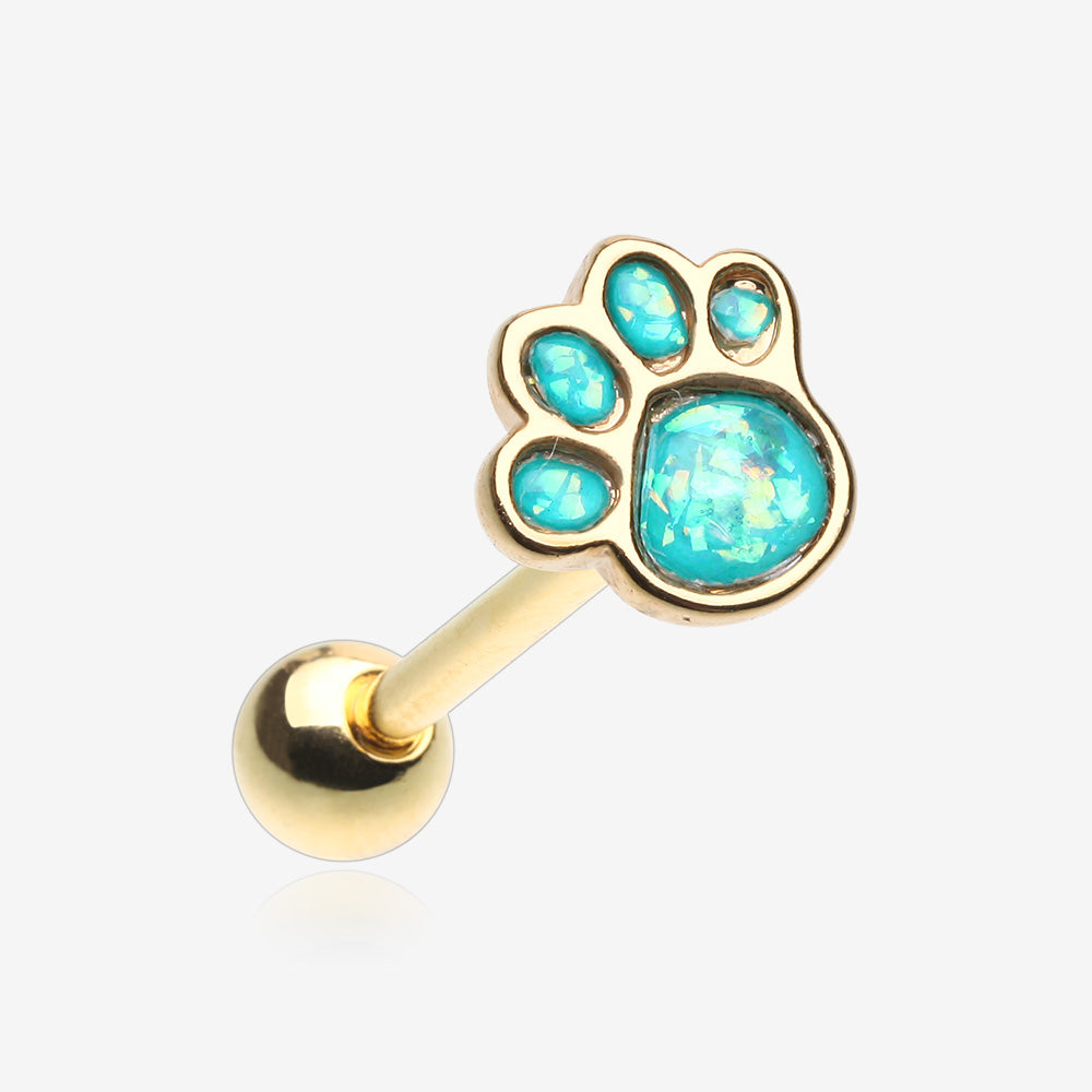 Golden Adorable Paw Print Opalescent Sparkle Barbell Tongue Ring-Teal