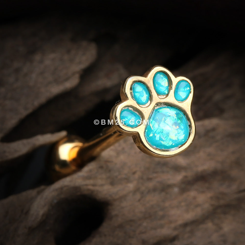 Detail View 1 of Golden Adorable Paw Print Opalescent Sparkle Barbell Tongue Ring-Teal