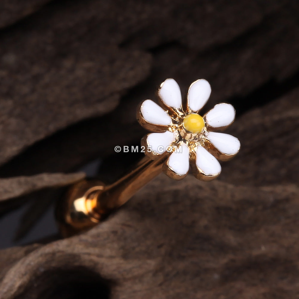 Detail View 1 of Golden Adorable Daisy Flower Barbell Tongue Ring-White/Yellow