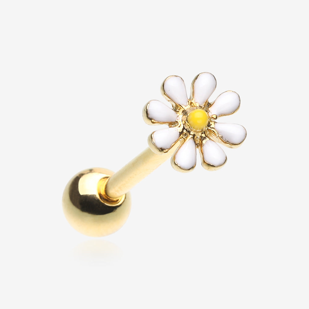 Golden Adorable Daisy Flower Barbell Tongue Ring-White/Yellow