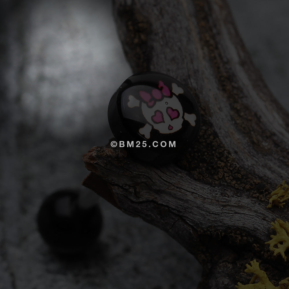 Detail View 1 of Cute Emo Skull Logo Acrylic Barbell Tongue Ring-Black