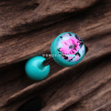 Detail View 1 of Vintage Floral Icon Top Acrylic Barbell Tongue Ring-Teal