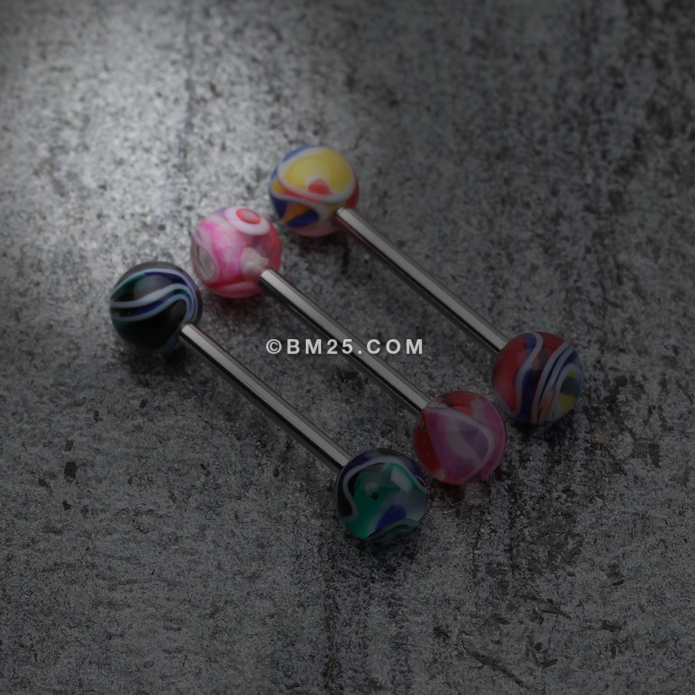 Detail View 1 of Marble Swirl Acrylic Top Barbell Tongue Ring-Yellow/Blue