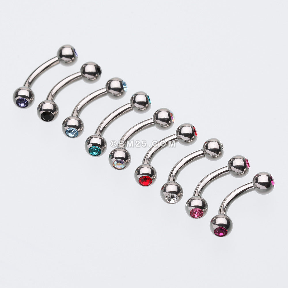 Detail View 1 of Double Gem Ball Curved Barbell Eyebrow Ring-Clear Gem