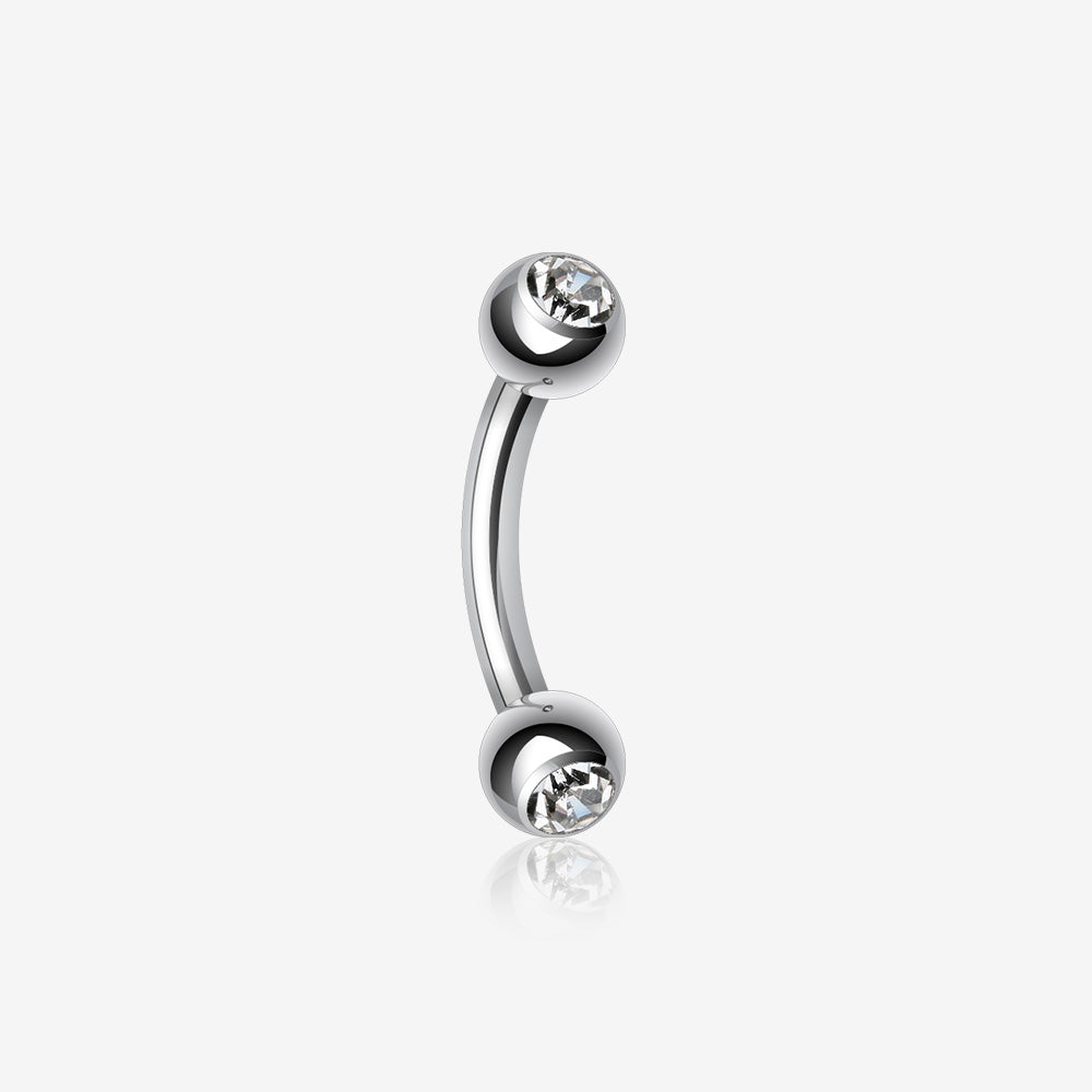 Double Gem Ball Curved Barbell Eyebrow Ring-Clear Gem