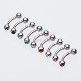 Detail View 1 of Double Gem Ball Curved Barbell Eyebrow Ring-Pink