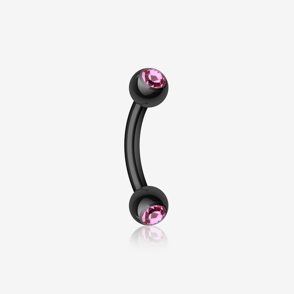 Colorline PVD Double Gem Ball Curved Barbell Eyebrow Ring-Black/Pink