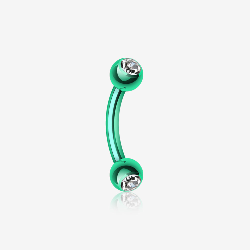Colorline PVD Double Gem Ball Curved Barbell Eyebrow Ring-Green/Clear