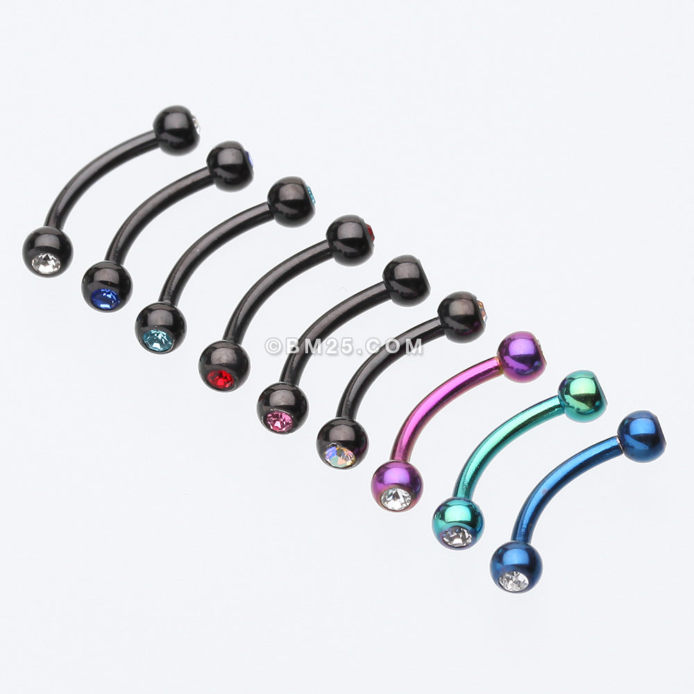 Detail View 1 of Colorline PVD Double Gem Ball Curved Barbell Eyebrow Ring-Purple/Clear