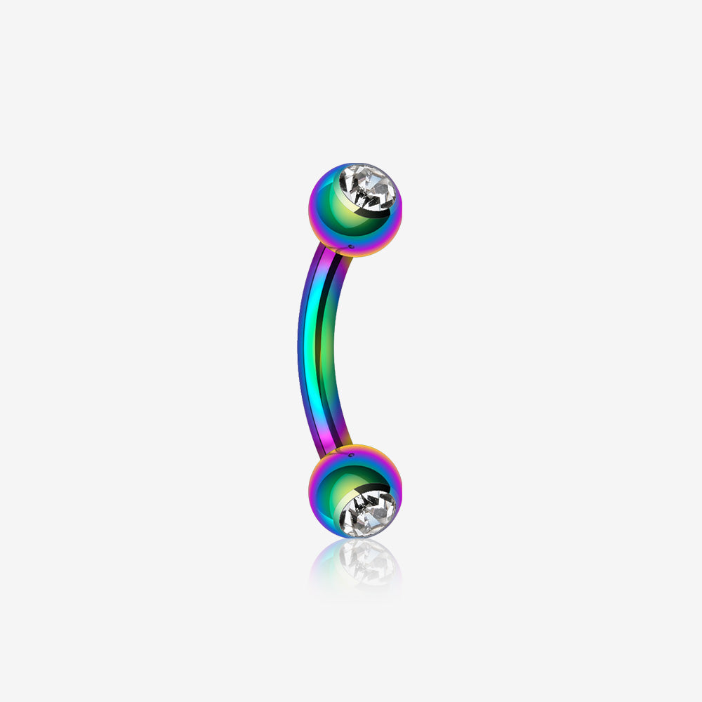 Colorline PVD Double Gem Ball Curved Barbell Eyebrow Ring-Rainbow/Clear
