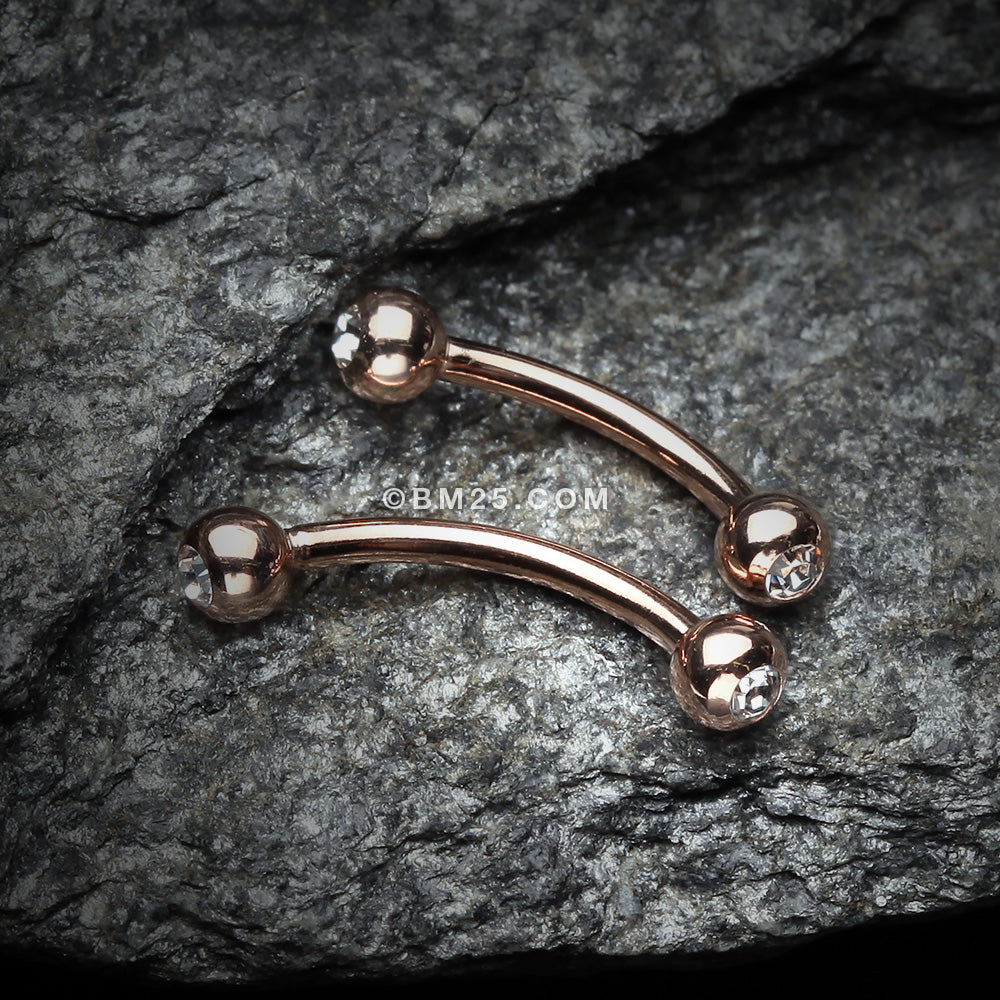 Detail View 1 of Rose Gold Gem Ball Curved Barbell Eyebrow Ring-Clear Gem