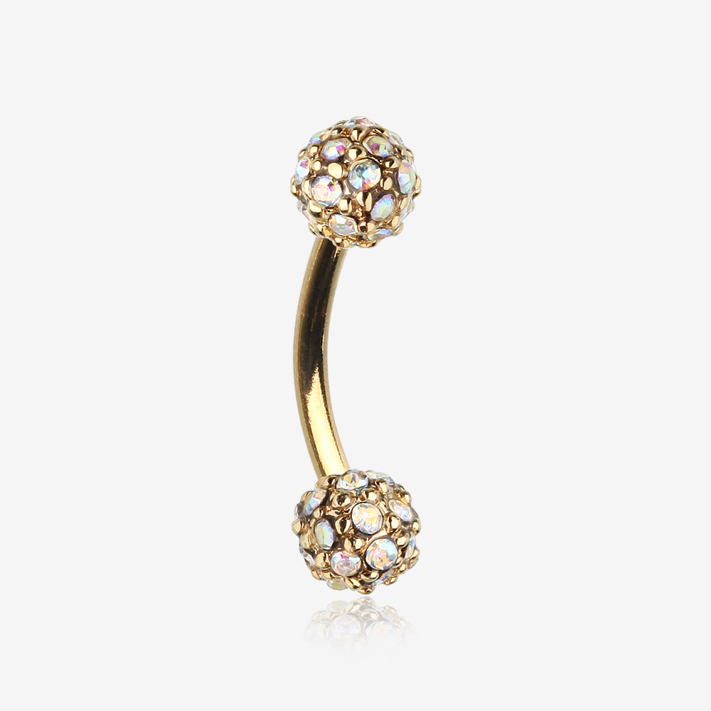Golden Pave Sparkle Full Dome Curved Barbell Ring-Aurora Borealis