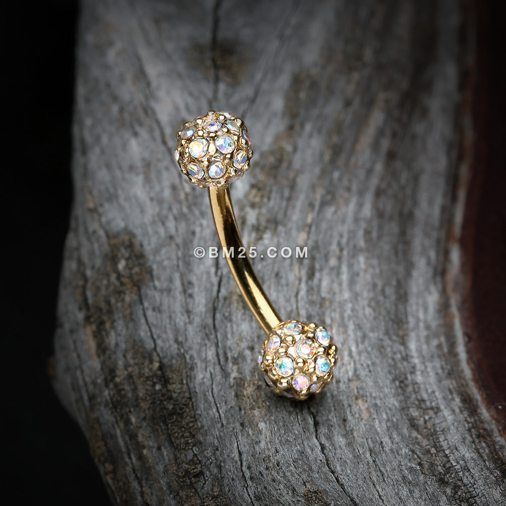 Detail View 3 of Golden Pave Sparkle Full Dome Curved Barbell Ring-Aurora Borealis
